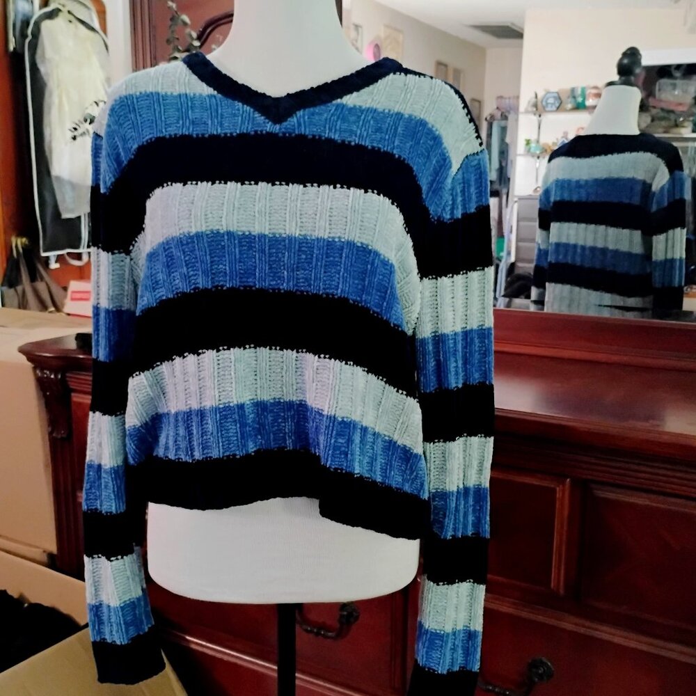 Blue & White Long Sleeve Knitted V-Neck Sweater Top